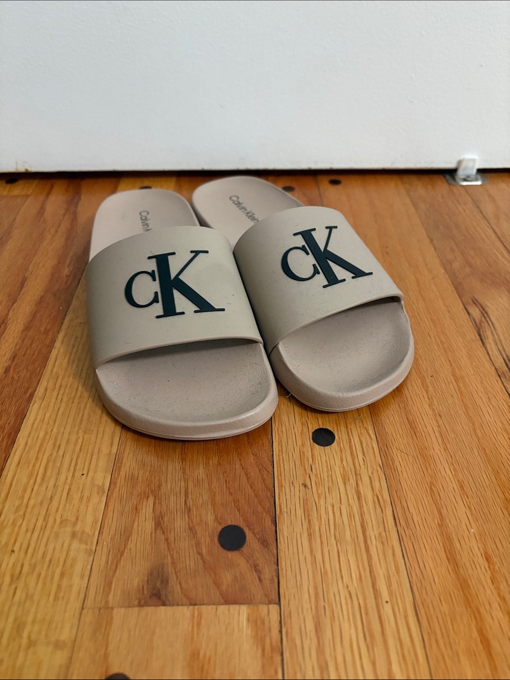 Calvin Klein Taupe Slide Sandals with Black CK Logo